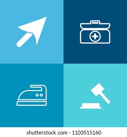 Modern, simple vector icon set on colorful background with finger, authority, housework, case, board, judge, kit, home, internet, first, hand, cloth, household, sign, lawyer, pointer, hammer icons