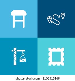 Modern, simple vector icon set on colorful background with art, hammer, photo, home, destination, place, interior, cozy, point, wall, building, sign, armchair, travel, marker, card, seat, modern icons
