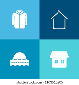Modern, simple vector icon set on colorful background with home, building, apparel, landscape, morning, yellow, winter, dawn, summer, nature, sunny, residential, modern, jacket, sunset, clothes icons