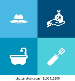 Modern, simple vector icon set on colorful background with texas, west, cash, clothes, hat, clean, banking, clear, water, business, wealth, pot, finance, traditional, hand, bank, kitchen, shower icons