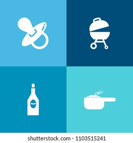 Modern, simple vector icon set on colorful background with child, soft, human, bottle, cooking, cuisine, stew, hot, steak, white, kid, diet, grilled, infant, soother, dummy, glass, meal, food icons