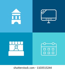 Modern, simple vector icon set on colorful background with desktop, consumer, lifestyle, month, time, cart, schedule, market, week, antenna, network, plan, technology, tablet, food, supermarket icons