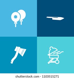 Modern, simple vector icon set on colorful background with tool, decoration, restaurant, equipment, party, object, grilled, dinner, knife, celebrate, meat, sign, happy, hot, birthday, handle icons
