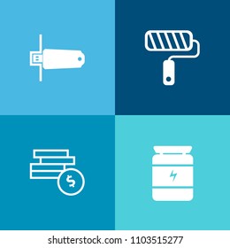 Modern, simple vector icon set on colorful background with banking, brush, roller, renovation, tool, white, computer, food, concept, sport, roll, training, money, work, finance, supplement, coin icons