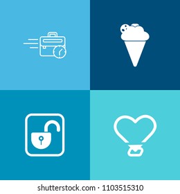 Modern, simple vector icon set on colorful background with desk, shape, business, office, cream, safe, tasty, strawberry, technology, ice, sign, protection, white, open, late, internet, icecream icons