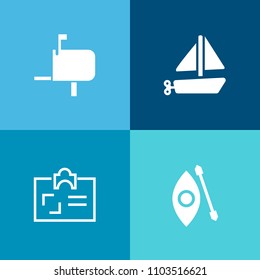 Modern, simple vector icon set on colorful background with lake, mail, summer, space, card, sea, travel, rowing, business, message, childhood, name, open, cute, send, post, river, water, postbox icons