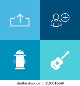 Modern, simple vector icon set on colorful background with sign, avatar, web, rock, water, account, people, member, city, add, musical, music, upload, guitar, street, human, sound, instrument icons