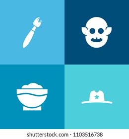 Modern, simple vector icon set on colorful background with ufo, paint, alien, space, science, art, beverage, leather, character, west, fantasy, chef, creature, american, cowboy, clothes, sheriff icons