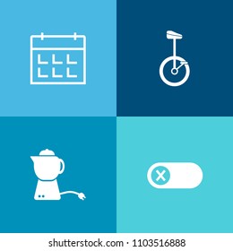Modern, simple vector icon set on colorful background with electricity, electrical, home, office, date, performance, clown, circus, calendar, teapot, week, pot, day, retro, bicycle, finger, cup icons