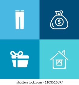 Modern, simple vector icon set on colorful background with wear, men, concept, business, profit, fashion, investment, coin, present, cash, white, holiday, ribbon, gift, economy, trousers, modern icons
