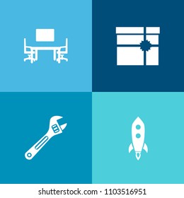 Modern, simple vector icon set on colorful background with birthday, space, notebook, box, computer, spaceship, spanner, top, holiday, equipment, blank, screwdriver, white, shuttle, present, bow icons
