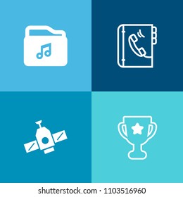 Modern, simple vector icon set on colorful background with ribbon, music, winner, science, success, world, satellite, video, sign, international, champion, planet, telephone, format, space, file icons