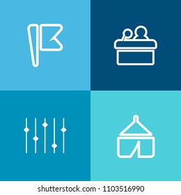 Modern, simple vector icon set on colorful background with flag, audience, event, public, hall, professional, speaker, hiking, banner, sign, people, tourism, lecture, national, graphic, meeting icons