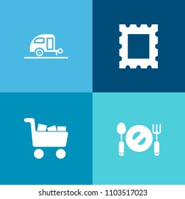 Modern, simple vector icon set on colorful background with decoration, camp, summer, caravan, picture, knife, spoon, cart, frame, pattern, nature, transport, table, old, commerce, camper, empty icons