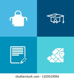 Modern, simple vector icon set on colorful background with education, uniform, chef, sign, graduate, student, academic, pen, college, world, text, continent, achievement, paper, protective, wear icons
