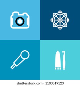 Modern, simple vector icon set on colorful background with sea, mic, boat, concert, picture, lens, health, travel, voice, control, helm, vintage, hygiene, microphone, image, speech, camera, film icons