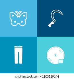 Modern, simple vector icon set on colorful background with disk, fashion, equipment, computer, farm, wear, record, gardening, compact, clothing, collection, denim, insect, fly, sign, jeans, dvd icons