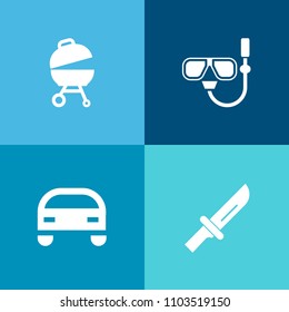 Modern, simple vector icon set on colorful background with travel, fork, beach, sea, table, automotive, steak, cutlery, snorkel, sign, fire, food, lunch, leisure, bbq, ocean, water, restaurant icons