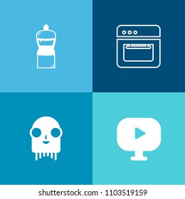 Modern, simple vector icon set on colorful background with fiction, domestic, equipment, electric, mop, cook, button, home, music, alien, broom, household, oven, bucket, object, digital, white icons