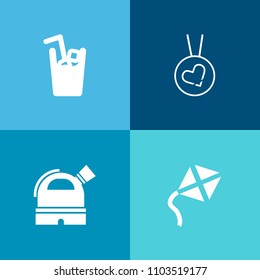 Modern, simple vector icon set on colorful background with beer, fashion, soda, science, sky, diamond, liquid, love, drink, beverage, gold, summer, jewelry, planet, activity, observatory, toy icons