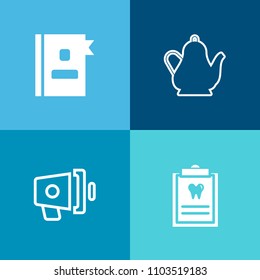 Modern, simple vector icon set on colorful background with health, phone, clinic, healthcare, water, loud, teapot, young, patient, audio, book, address, number, announce, loudspeaker, coffee icons