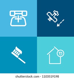 Modern, simple vector icon set on colorful background with aviation, dial, owner, brush, property, airplane, health, care, transportation, sky, toothbrush, estate, telephone, passenger, hygiene icons