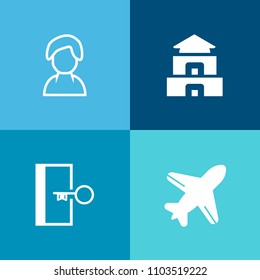 Modern, simple vector icon set on colorful background with landmark, business, fly, aviation, plane, fire, exit, asian, building, pagoda, buddhism, airliner, silhouette, escape, airplane, woman icons
