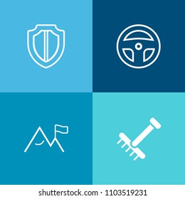 Modern, simple vector icon set on colorful background with safety, grass, security, safe, leaf, summer, protect, rake, dental, dentistry, work, tool, yard, fall, technology, nature, guard, tooth icons
