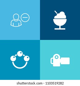 Modern, simple vector icon set on colorful background with child, equipment, summer, camera, infant, icecream, photography, play, rattle, sign, profile, kid, dessert, shake, image, baby, film icons