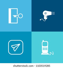 Modern, simple vector icon set on colorful background with air, web, equipment, connection, fire, email, beauty, technology, button, call, mail, style, internet, doorway, white, telephone, exit icons