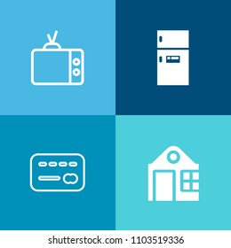 Modern, simple vector icon set on colorful background with cold, finance, business, tv, property, balance, refrigerator, white, empty, domestic, building, media, city, purchase, office, freezer icons
