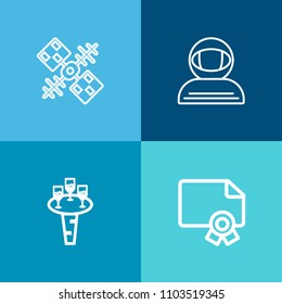 Modern, simple vector icon set on colorful background with universe, stamp, spaceman, cosmic, wine, network, cosmonaut, cosmos, template, graphic, space, navigation, bar, galaxy, paper, award icons