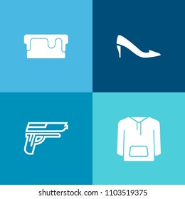 Modern, simple vector icon set on colorful background with gun, pastry, military, white, sugar, war, combat, automatic, dessert, style, cake, danger, delicious, army, chocolate, pistol, shirt icons