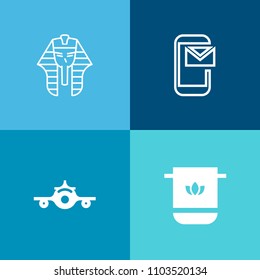 Modern, simple vector icon set on colorful background with cotton, religion, phone, pharaoh, domestic, ancient, communication, cloth, departure, towel, travel, envelope, bathroom, bath, aircraft icons