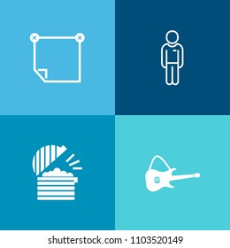 Modern, simple vector icon set on colorful background with guitar, paper, man, white, young, notepaper, black, music, office, people, chef, rock, coffee, drink, message, notepad, food, empty icons