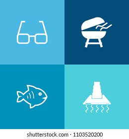 Modern, simple vector icon set on colorful background with animal, kitchen, hood, optical, equipment, fishing, eyeglasses, grilling, lens, cook, home, vision, interior, eye, white, bbq, sign icons