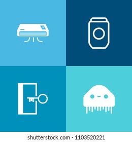 Modern, simple vector icon set on colorful background with science, spaceship, arrow, ufo, cooling, monster, silver, white, can, fiction, creature, climate, futuristic, tin, escape, packaging icons