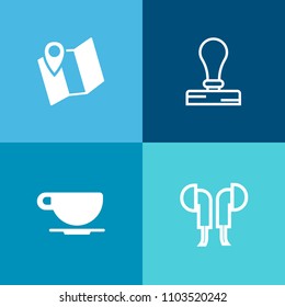 Modern, simple vector icon set on colorful background with stamp, drink, direction, map, equipment, template, espresso, object, city, road, letter, device, sound, travel, envelope, beverage, cup icons