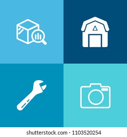 Modern, simple vector icon set on colorful background with farm, money, equipment, report, repair, outdoors, logistics, rural, barn, stock, spanner, photo, camera, hammer, farming, photography icons