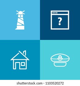 Modern, simple vector icon set on colorful background with anchor, house, construction, building, sailor, coast, travel, user, tower, housing, estate, navy, business, safety, residential, page icons