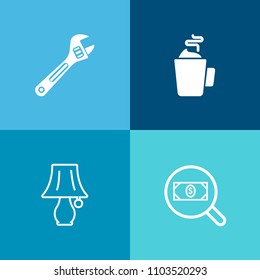 Modern, simple vector icon set on colorful background with metal, search, tea, coffee, cup, furniture, website, light, hot, concept, bright, equipment, navigation, lamp, tool,web, bulb icons