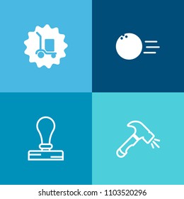 Modern, simple vector icon set on colorful background with strike, package, distribution, alley, freight, hobby, envelope, shovel, sport, industry, equipment, fun, brush, bowl, ball icons