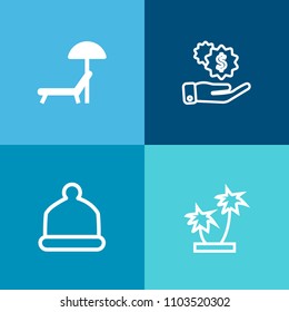 Modern, simple vector icon set on colorful background with style, sea, head, relax, travel, exotic, hand, hat, outdoor, business, chair, fashion, white, umbrella, dollar, leaf, cap, finance icons