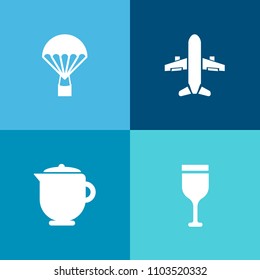 Modern, simple vector icon set on colorful background with red, parachute, skydiving, landing, flight, fly, air, parachuting, sport, merlot, drink, aircraft, liquid, teapot, transportation, jump icons