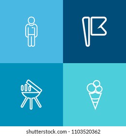 Modern, simple vector icon set on colorful background with national, grilled, flavor, cooking, fire, grill, summer, frozen, american, usa, grilling, scoop, red, white, young, meat, guy, boy, bbq icons