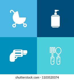 Modern, Simple Vector Icon Set On Colorful Background With Spoon, Care, Liquid, Cream, Pram, Childhood, Mother, Table, Army, Dinner, Handgun, Infant, Child, Kid, Family, Fork, Baby, Beauty, Soap Icons