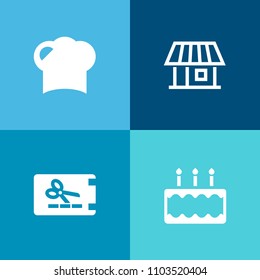 Modern, simple vector icon set on colorful background with new, hat, real, restaurant, cooking, sign, residential, tasty, kitchen, cook, chef, sugar, modern, delicious, pastry, beautiful, cake icons
