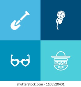 Modern, simple vector icon set on colorful background with face, radio, tool, music, comic, microphone, style, building, drawing, drill, record, equipment, performance, glasses, saw, fashion icons