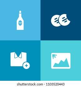 Modern, simple vector icon set on colorful background with food, shirt, beverage, t-shirt, cotton, red, photo, snack, image, empty, white, delicious, tasty, cookie, fashion, wineglass, brown icons