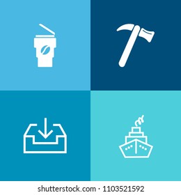 Modern, simple vector icon set on colorful background with beverage, hardware, pliers, wrench, away, cafe, drill, website, takeaway, arrow, , coffee, web, take, caffeine, paper, repair, metal icons